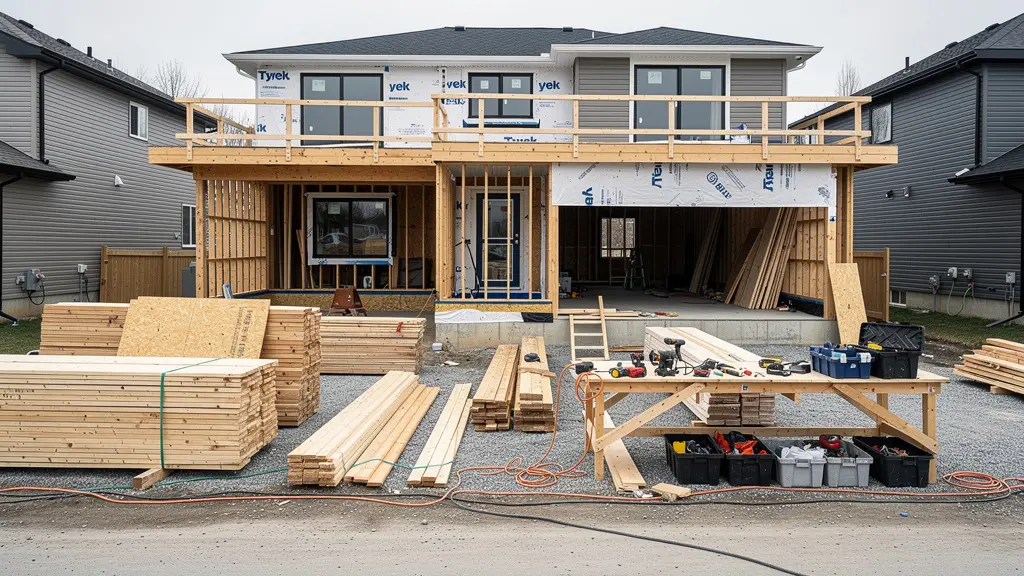 Chantier résidentiel québécois propre avec matériaux bien rangés et outils organisés