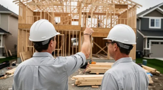 Contremaître et propriétaire discutant sur un chantier résidentiel en construction au Québec