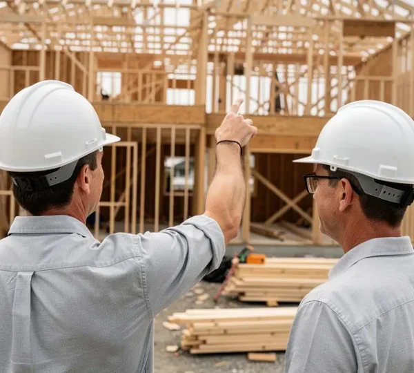 Contremaître et propriétaire discutant sur un chantier résidentiel en construction au Québec