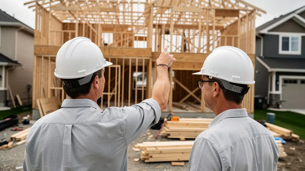Contremaître et propriétaire discutant sur un chantier résidentiel en construction au Québec
