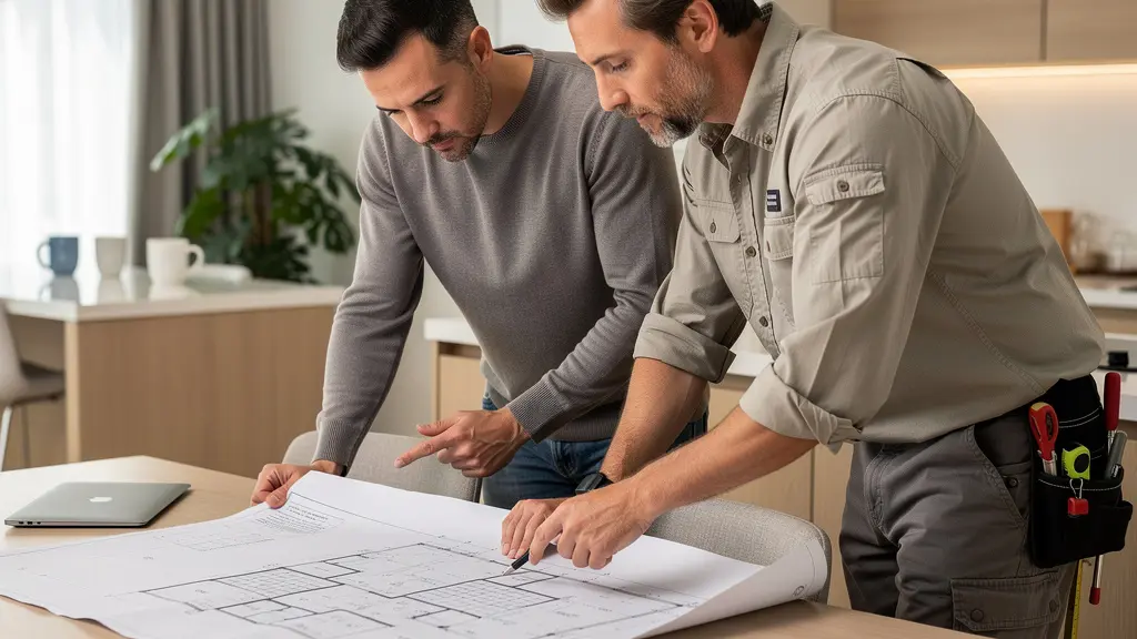 Propriétaire et entrepreneur examinant des plans de construction sur une table