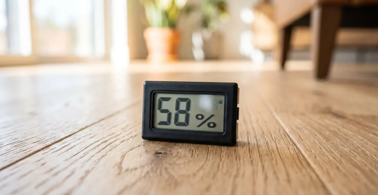 Gros plan d'un hygromètre numérique moderne posé sur un plancher de bois franc érable avec affichage du taux d'humidité