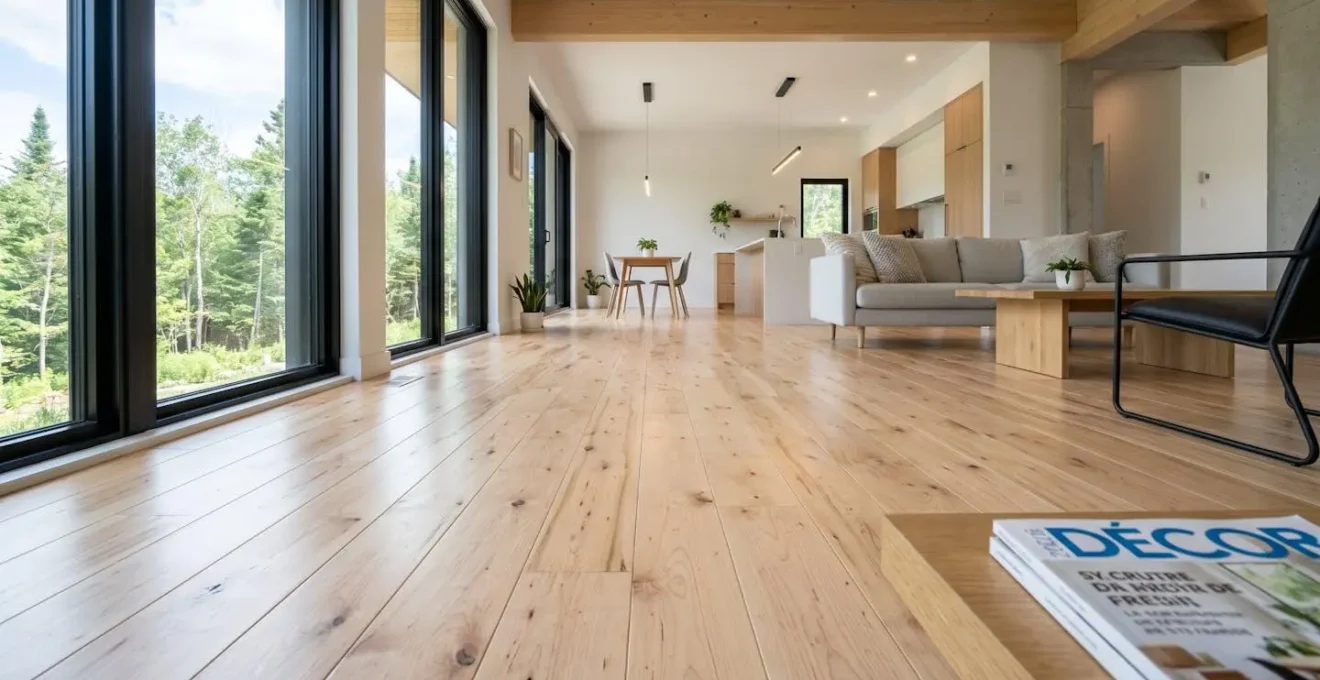 Salon contemporain lumineux avec plancher de bois franc érable naturel et grandes fenêtres laissant entrer la lumière du jour