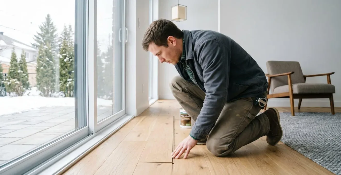 Travailleur vu de dos accroupi inspectant de près les joints entre les lames d'un plancher de bois franc dans une résidence contemporaine