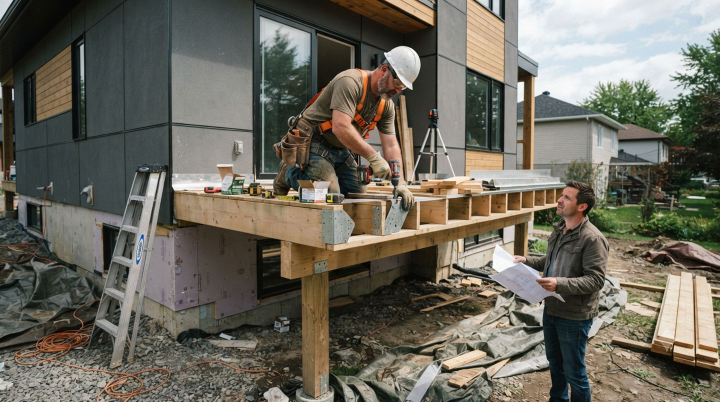 Technicien qualifié en casque de sécurité installant des boulons d'ancrage structurels sur un mur de briques résidentiel, avec perceuse professionnelle, regard concentré sur le point de fixation.