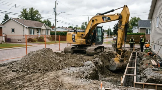 Chantier d'excavation résidentielle à Trois-Rivières avec excavatrice jaune creusant tranchée de fondation, terre excavée sur le côté, maison unifamiliale en arrière-plan et clôture de sécurité orange