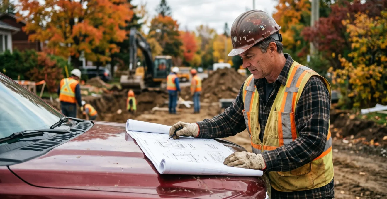 Contremaître de chantier québécois consultant plans techniques sur capot de camionnette, chantier d'excavation résidentiel en arrière-plan automnal