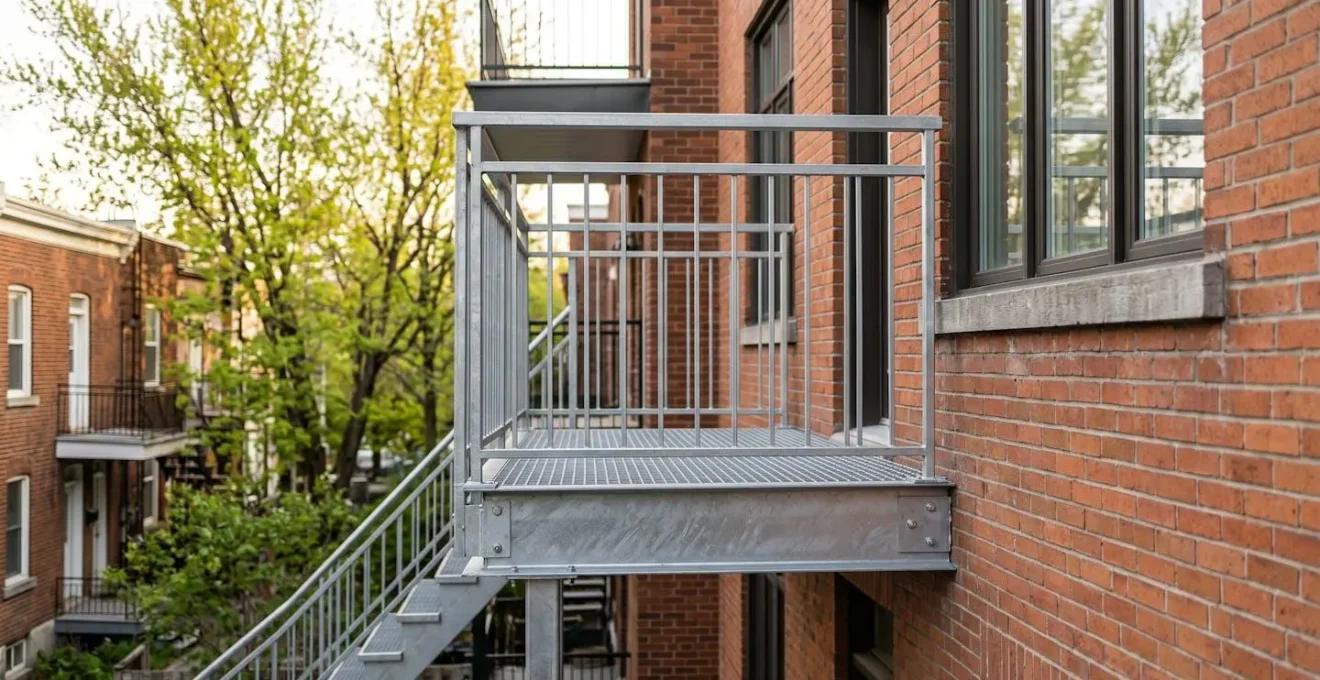 Gros plan sur une section de rampe de balcon en acier galvanisé montrant la texture caractéristique du traitement anti-corrosion, avec reflets métalliques sous lumière naturelle.