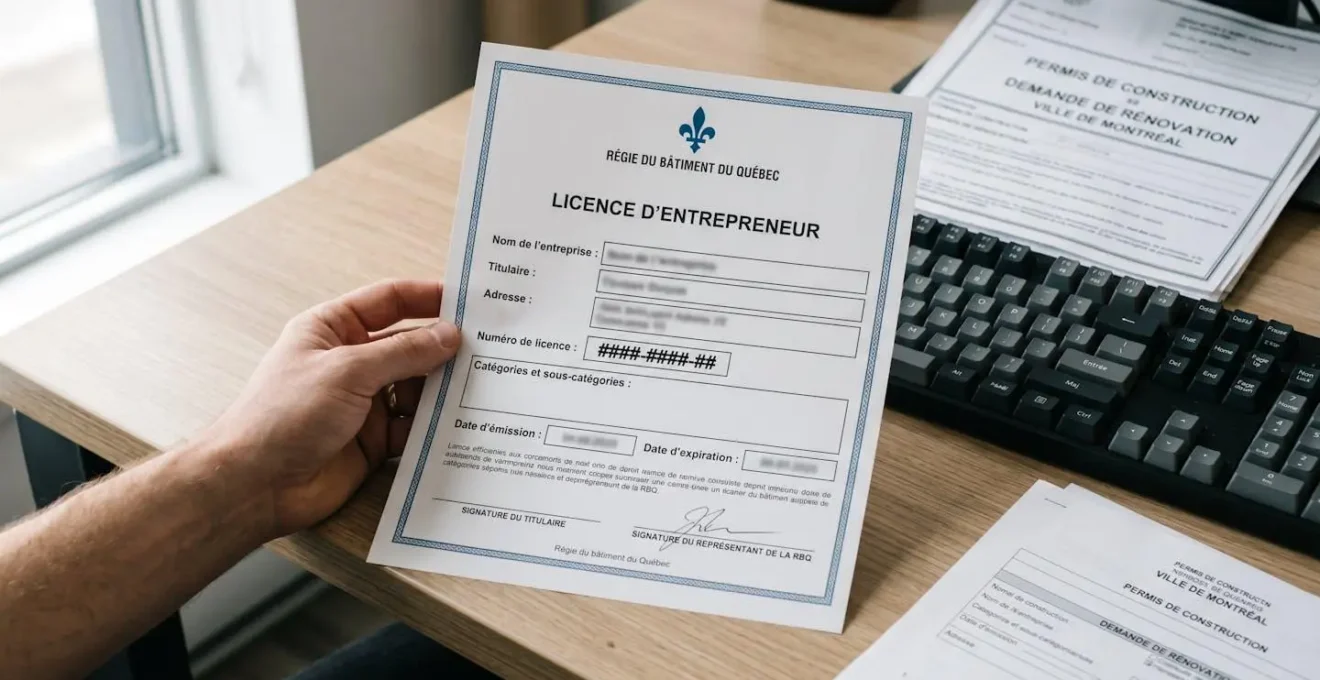 Main tenant certificat de licence RBQ officiel du Québec sur bureau avec documents de permis municipaux, tous textes en français