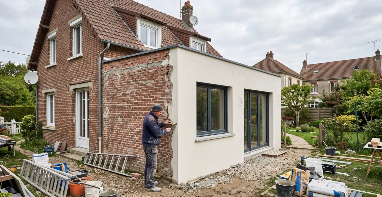 Une petite extension de maison en finition jouxtant une façade en briques traditionnelle.