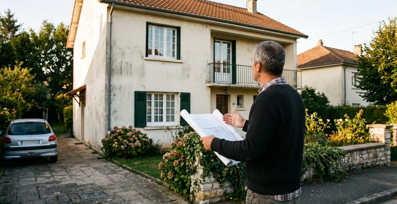 Un propriétaire examine sa maison en tenant un dossier de déclaration de travaux.
